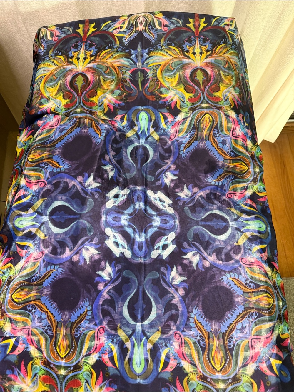 Vibrant Multicolor Decorative scarf. Bold Navy Base 
48 “ x 52 “